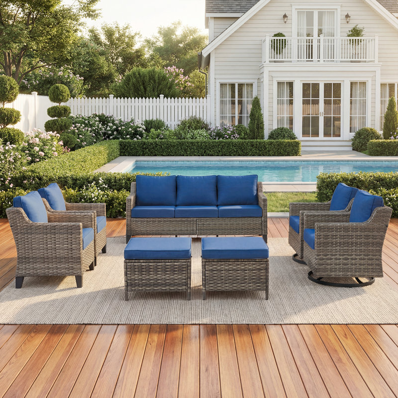 Arlene 7-9 Person Outdoor Courtyard Wicker Family Conversation Set Group With Swivel Chairs, Blue