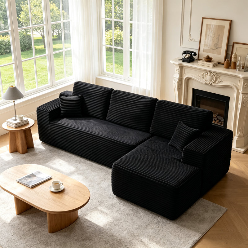 Canapé modulaire en forme de L avec méridienne Boneless Corduroy, Orienté à droite, Peluche noire
