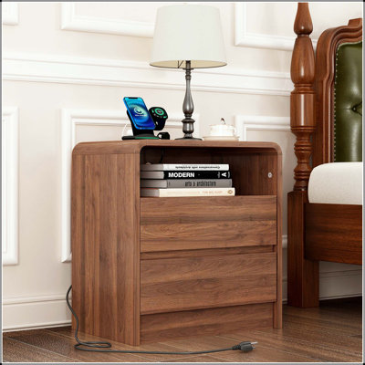 25" Tall Modern Nightstand with Charging Station (3 Outlets) and 2 Drawers – Walnut