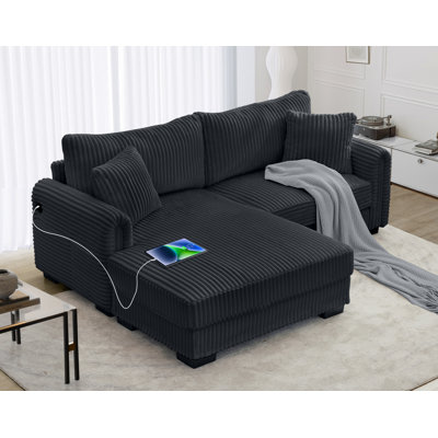 Canapé d'angle méridien de 220 cm avec port de chargement USB/C et poche de rangement latérale, gris