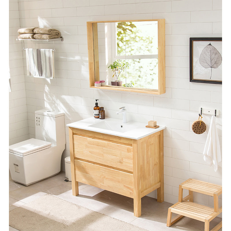 Meuble-lavabo en bois d'hévéa de style japonais avec lavabo en céramique