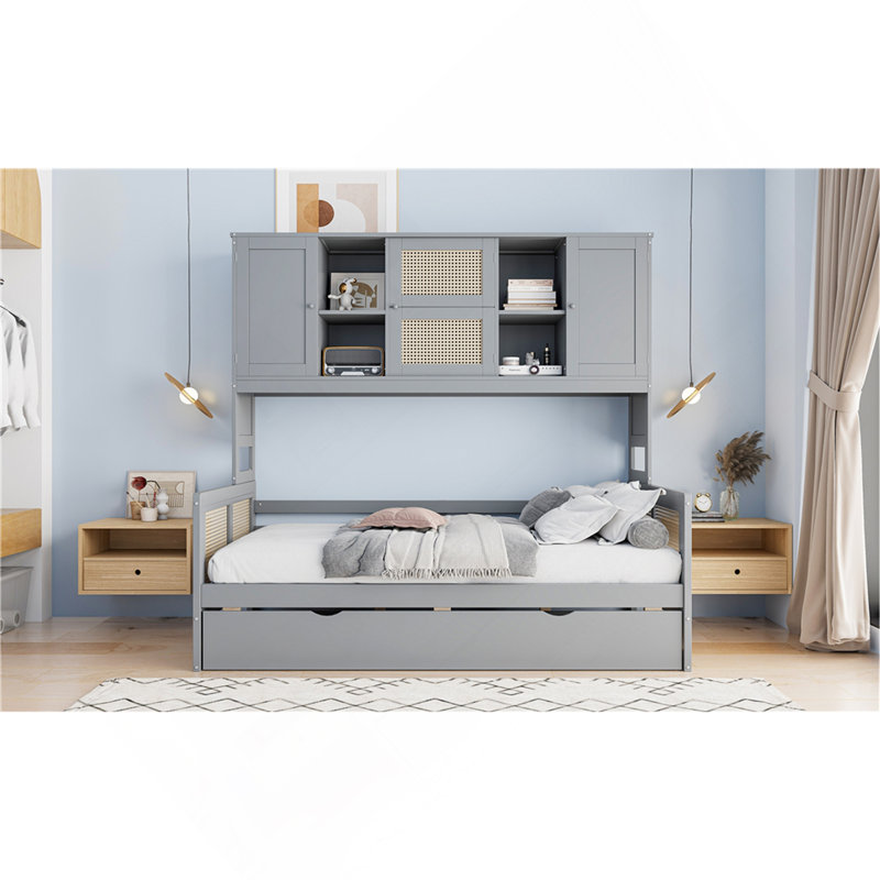 Lit de jour en bois avec lit gigogne simple, armoire et tablette tout-en-un
