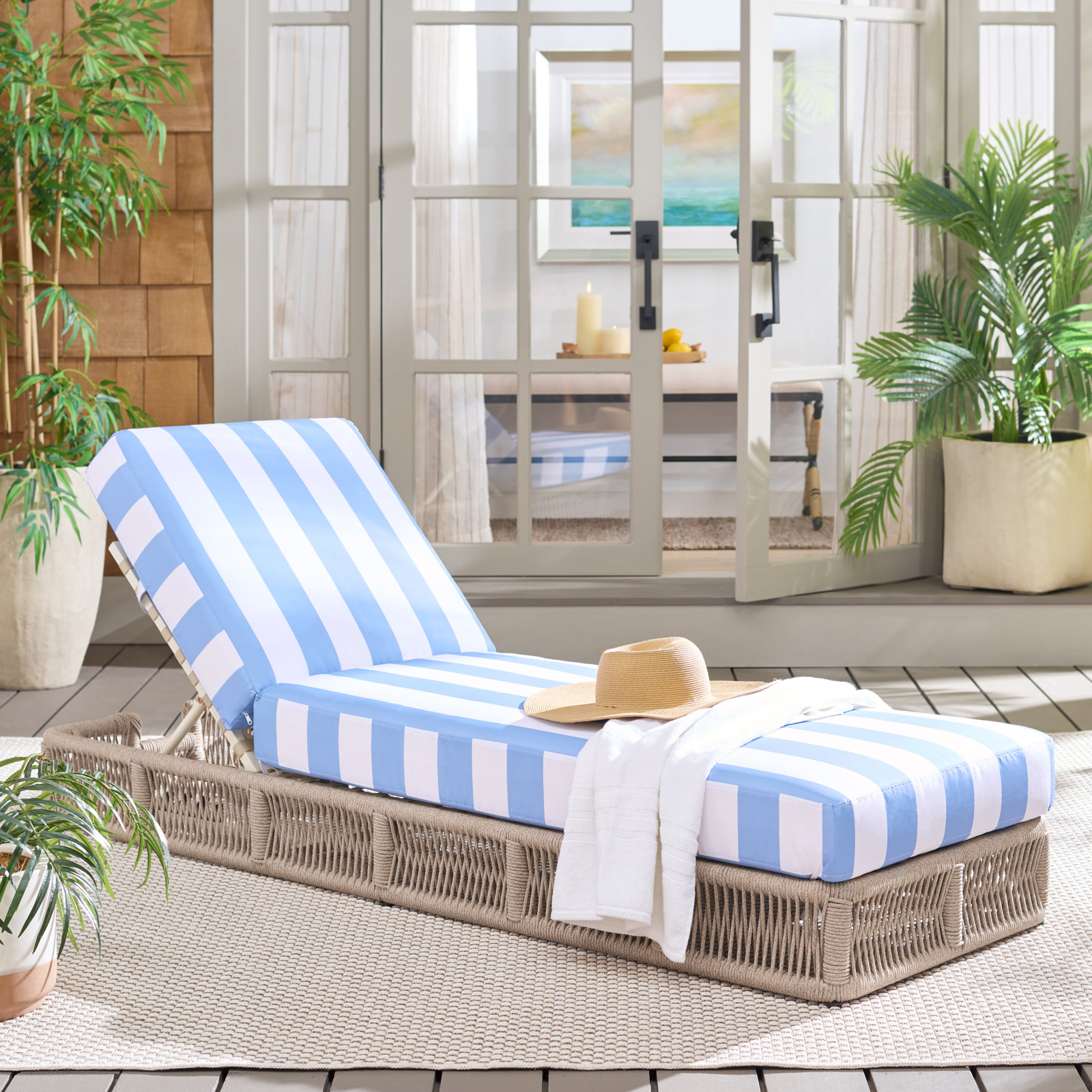Langley 25" Patio Chaise Lounge, Tan Frame/Baby Blue Cushion