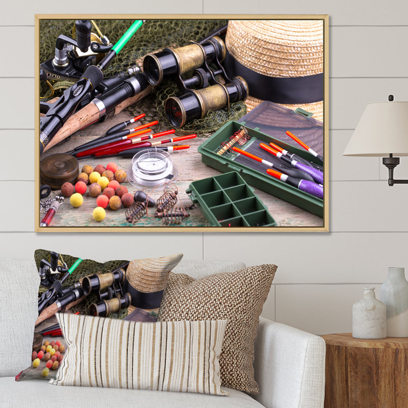 " Fishing Supplies Layout ", 30" H x 40" W x 1.5" D, Natural Floater Framed
