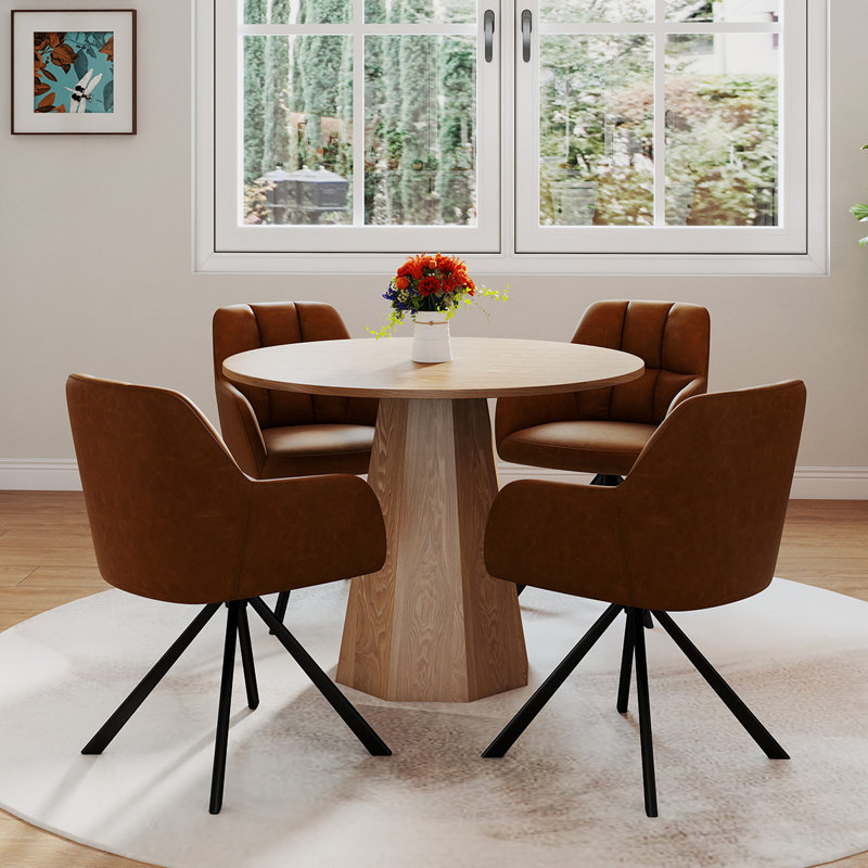 Ensemble de tables de salle à manger rondes de style Mid-Century avec chaises pivotantes, 5 pièces: table, 4 chaises, Brun