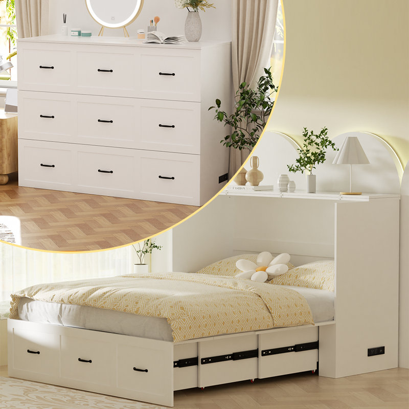 Queen Size Murphy Bed, Farmhouse Wooden Cabinet With Charging Station And Storage Drawer For For Home Office Or Small Room, White