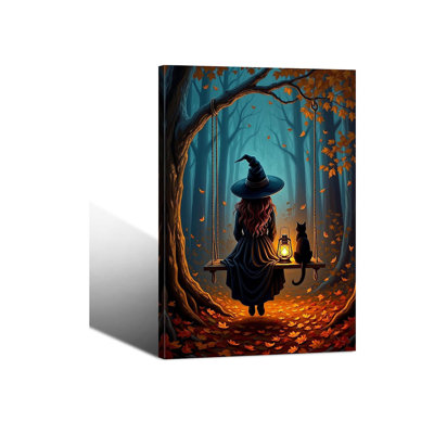 Fantasy Witch Canvas Wall Art Gothic Autumn Forest Black Cat Painting