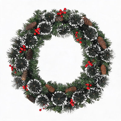 Couronne de Noël artificielle pré-illuminée de 45 cm avec lumières DEL, branches de pin floquées et pommes de pin, alimentée par piles, pour décorer la porte d'entrée, le foyer, la fenêtre et le mur.