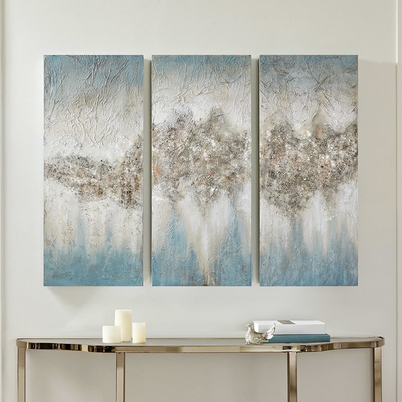 3 décorations murales abstraites, bleu gris avec roche naturelle et paillettes, 15 po x 35 po, décoration intérieure moderne en toile, textures épaisses, l 15 po x H 35 po, cintres