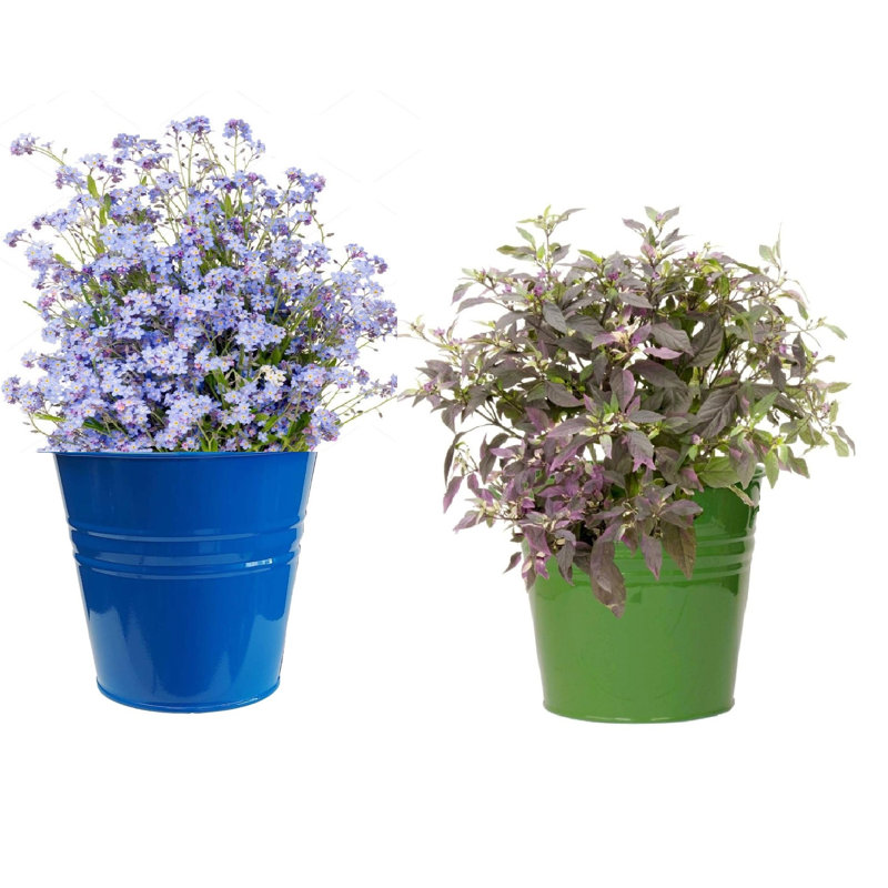 Enameled Galvanized Steel Planter For 6.5" Plants. Set Of Two, Blue/Green