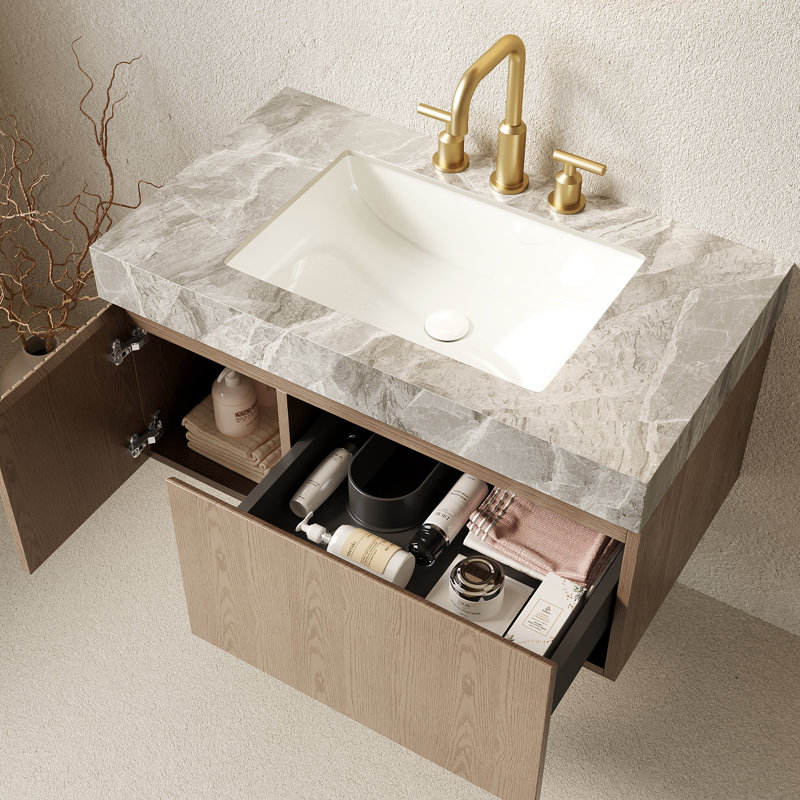 Meuble-lavabo moderne avec lavabo, pierre frittée italienne, rangement spacieux