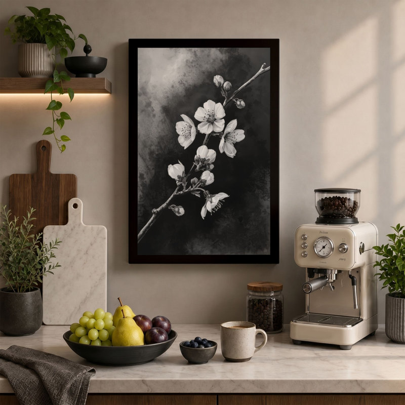 Moonlit Cherry Blossom Botanical 1 Piece Wrapped Canvas Wall Art, 30x20 - 76.2 x 50.8 cm, Terracotta Border