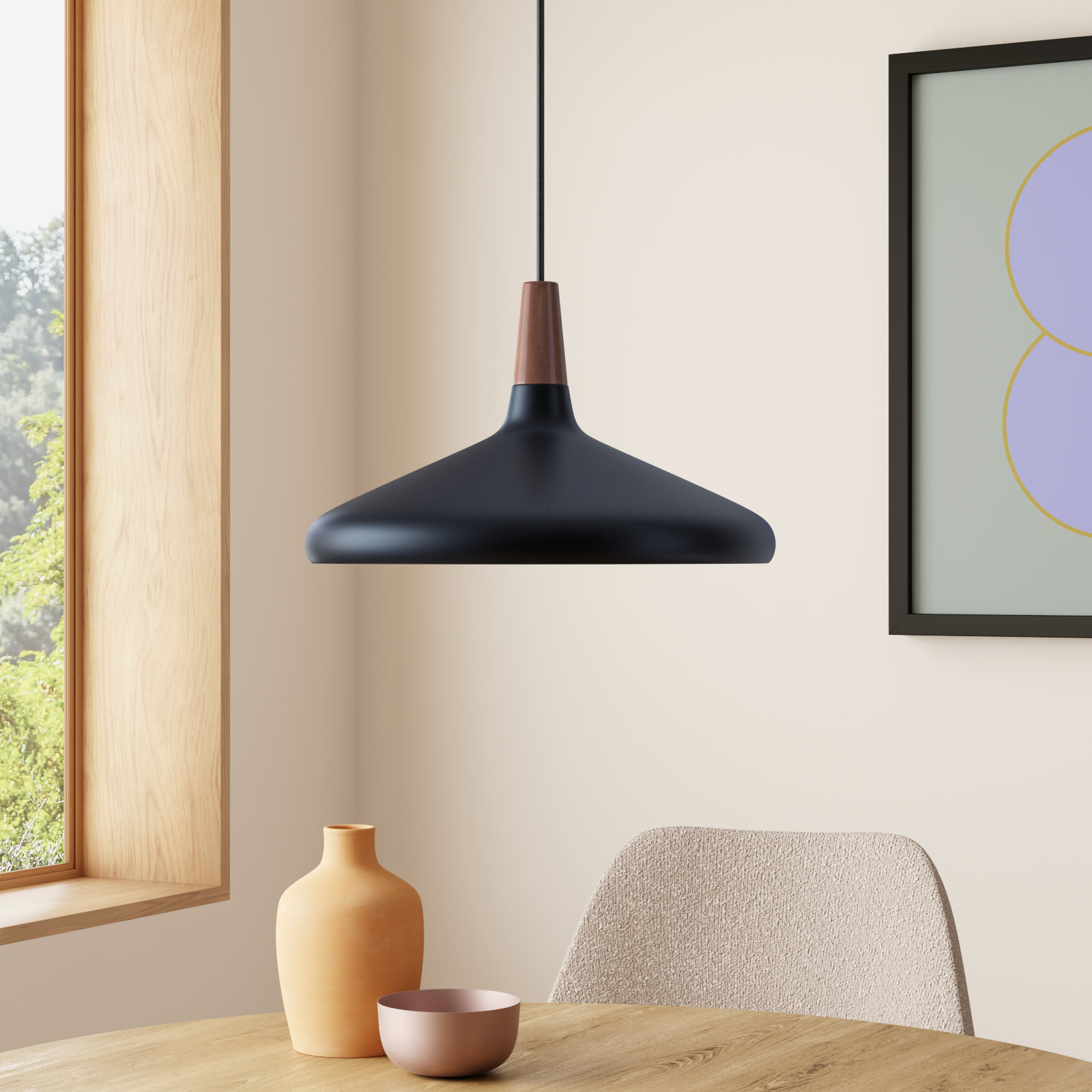 Drew 1 - Light Single Cone Pendant, Walnut/Black, 9" H x 15.25" W x 15.25" D