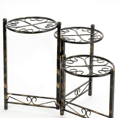 Support à plante rond de 24,51 po avec trèfle en forme de cœur - métal, noir / or, éclats et fissures, motif complexe, l 22,01 po x H 29,74 po, fond et hauteur