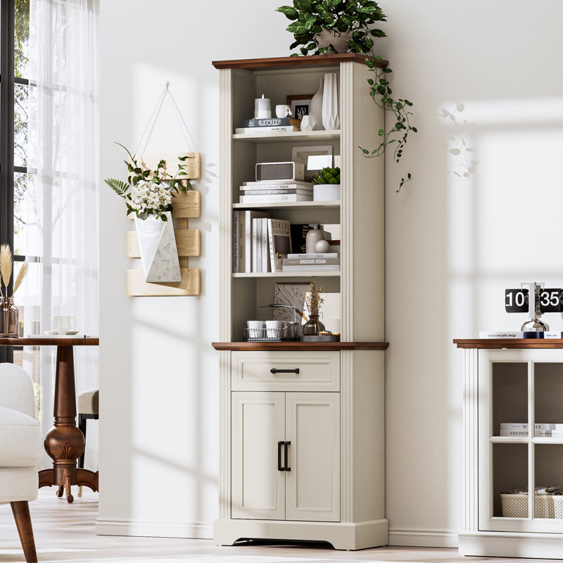 5 Tiers Farmhouse Bookcase 72" Tall Bookshelf With Doors And Storage Cabinet Farmhouse Book Shelf With Adjustable Shelf For Home Office,living Room, Antique White