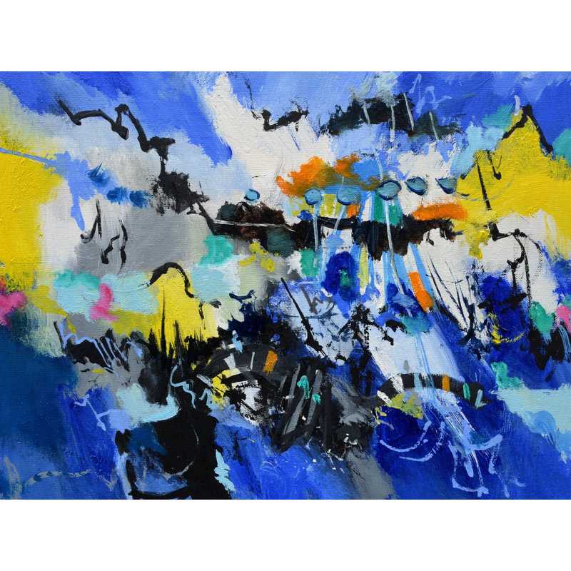 «Blue Way» par Pol Ledent - Peinture, H 25,25 po x l 31,25 po, Papier avec cadre noir