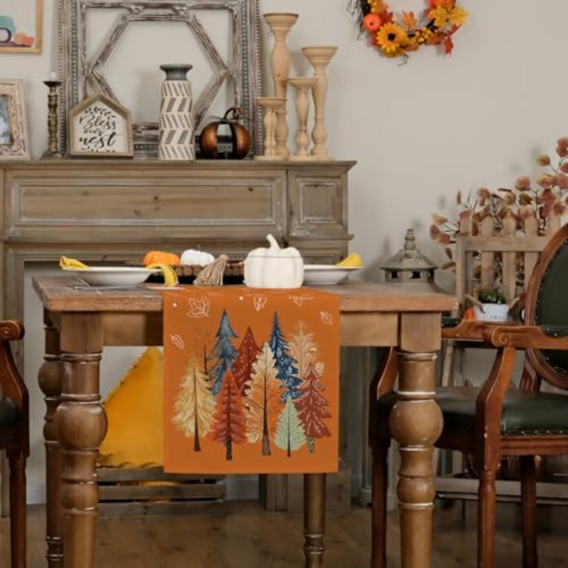 Chemin de table aquarelle automnale avec arbres et feuilles d'érable, 33 x 91 cm, style rustique, idéal pour la cuisine, la salle à manger ou les soupers de fêtes à l'intérieur/à l'extérieur (orange).