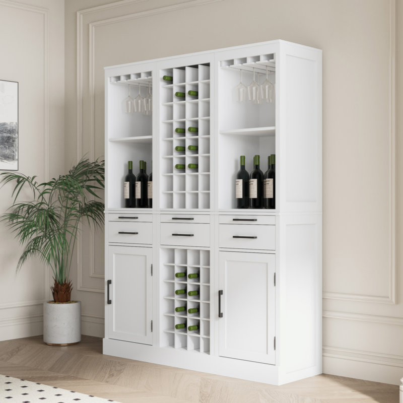Armoire à vin modulaire de couleur brun noyer avec tablettes de rangement et huche pour salle à manger, Blanc