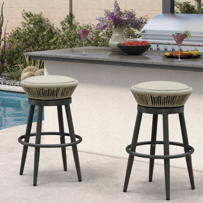 PURPLE LEAF Outdoor 2 Pcs Modern Swivel Bar Stools, Backless Aluminum Rattan Bar Chairs with Cushion
