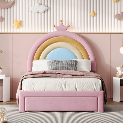 Upholstered Rainbow Design Bed, Velvet Princess Platform Bed With Storage Drawer, No Box-Spring Needed,Colorful Pink by Gemma Violet