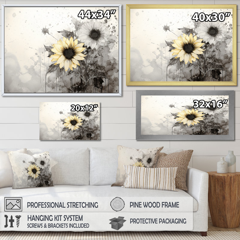 Décoration murale tournesols noirs et blancs I - tournesols, Cadre simple blanc, H 16 po x l 32 po x P 1 po