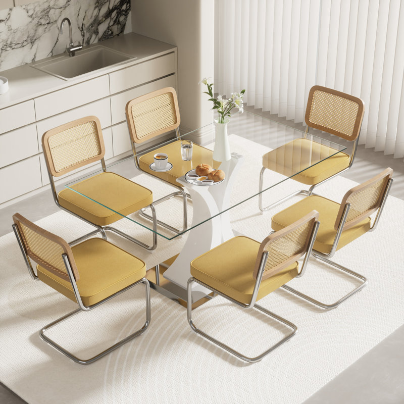 Ensemble de salle à manger rectangulaire, 7 pièces : table, 6 chaises, Blanc, Jaune