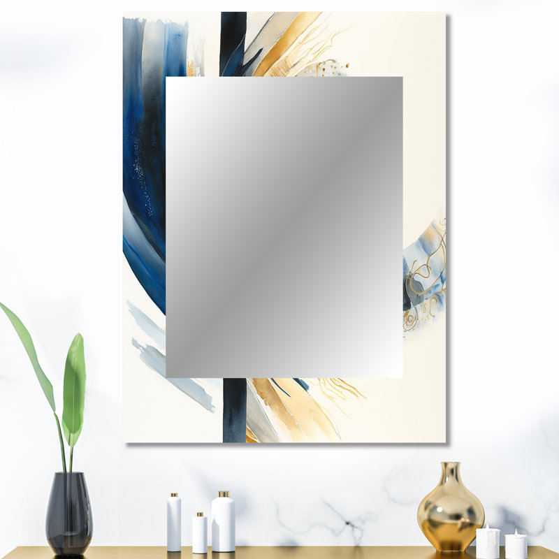 «Blue and Gold Swirl Abstract IV», miroir mural décoratif à spirales abstraites, grand miroir moderne, impression sur métal