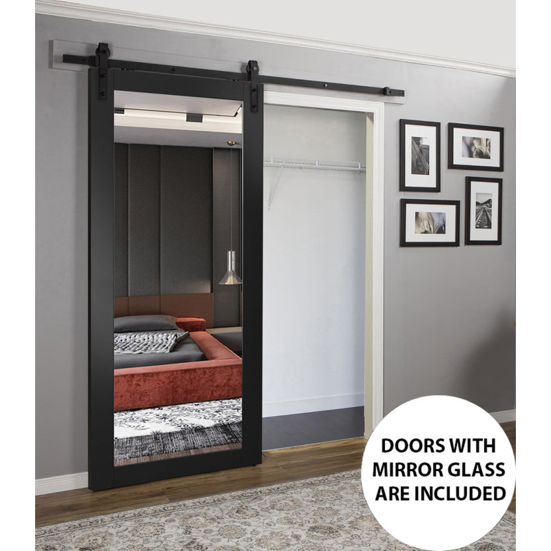 Porte de grange robuste Lucia 1299 Noir mat, rail de 2 m, quincaillerie lourde, portes intérieures modernes à panneaux pleins - 91 x 213 cm - Miroir - Rail noir