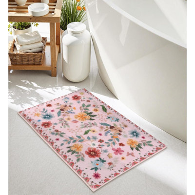 Bath Mats For Bathroom, Cute Pink Bathroom Rugs, Modern Ultra-Soft Non-Slip Bath Rug, Machine Washable Farmhouse Floral Toilet Rug For Sink Shower Door Mat, 18X26 Inch