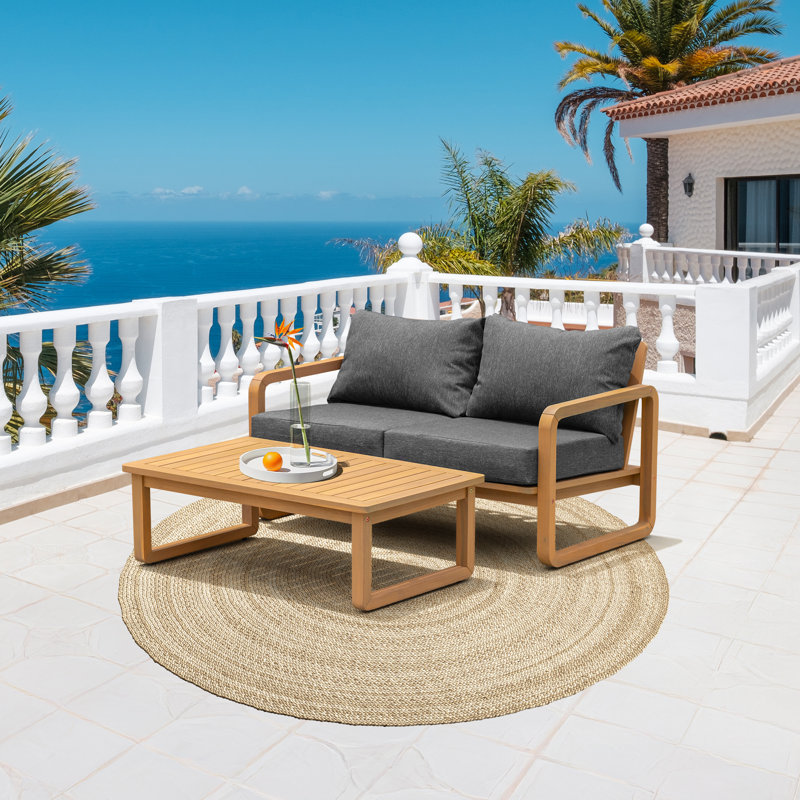 Ivy Patio Loveseat With Coffee Table and Beige Cushion, Multi Black Cushion/Beige Frame