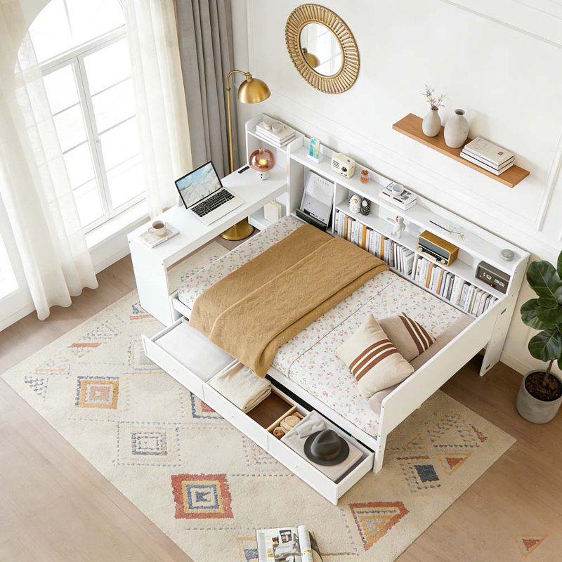 Lit de jour double en bois avec 3 tiroirs, ports USB et bureau, Blanc