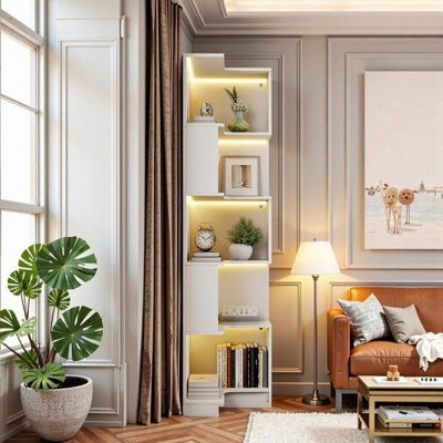 5-Tier L-Shaped Corner Bookshelf With LED Lighting & Baffle