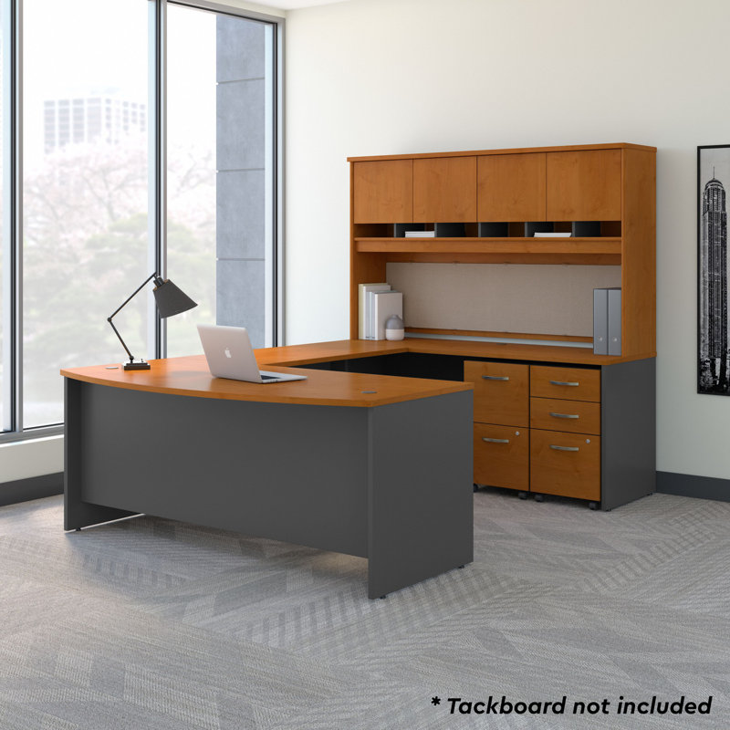 Series C 4 Piece Executive Desk Office Set with Hutch, Natural Cherry/Gray