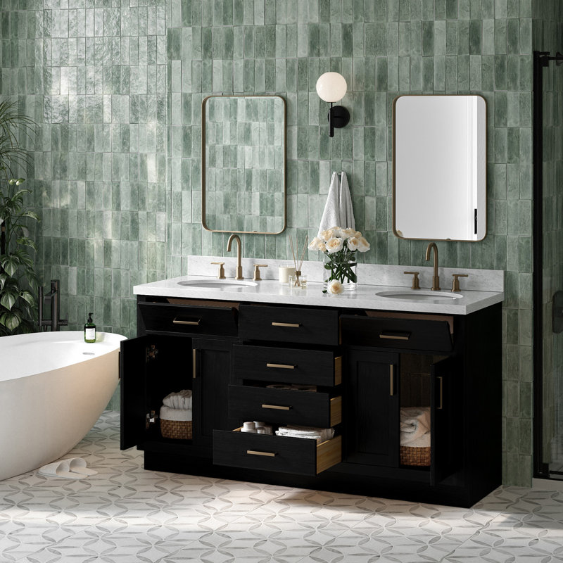 Meuble-lavabo double en bois massif de 66 po avec plateau en marbre de Carrare de 1,5 po Thornaby, Ovale