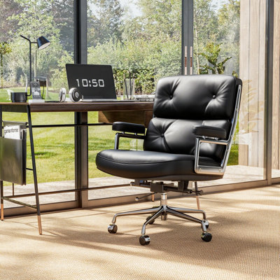 Genuine Leather Executive Office Chair with Aluminum Frame and Wheels, Swivel Desk chair with Thickened Backrest and Ergonomic Lumbar Support