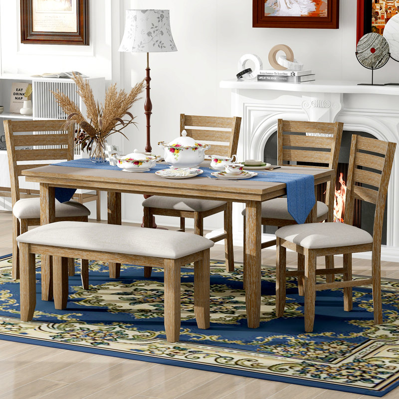 Dining Room Table And Chairs With Bench, Set Of 6, Brown