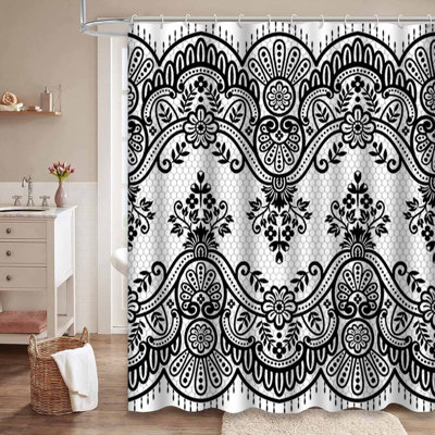 Waterproof Floral Wallpaper Border Bath Vintage Lace Shower Curtain with 12 Hooks