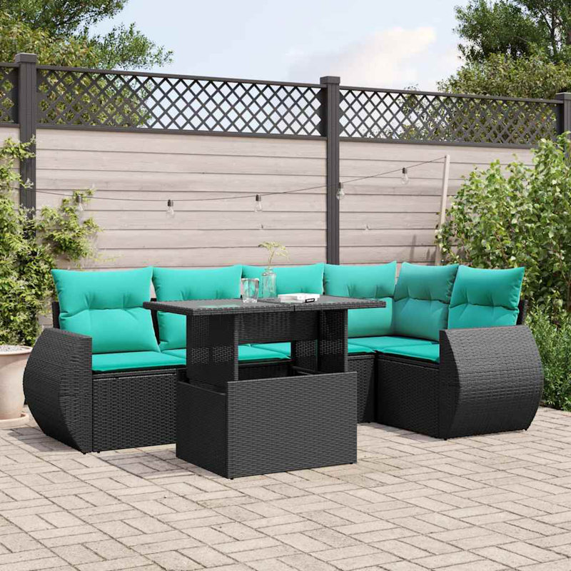  Ensemble de canapé de patio 6 pièces avec coussins en rotin de polyester brun, Bleu clair, Noir