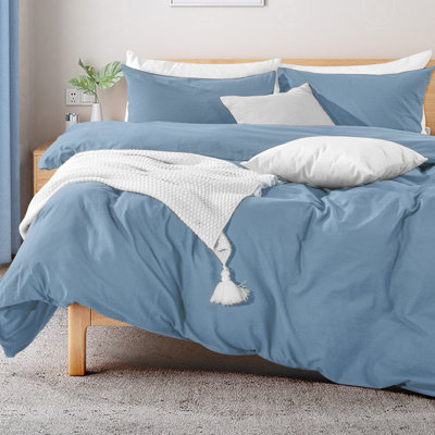 NEXHOME PRO Duvet Cover Set 100% Washed Cotton Full Size Linen Feel Textured Organic Natural 3 Pieces Bedding Set Royal Navy Klein Blue with Zipper Closure and Corner Ties, Breathable