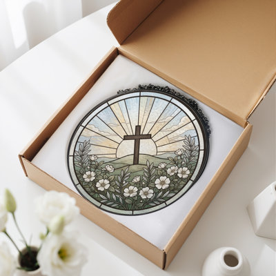 Cross Sunrise Stained Glass Window Panel，7.8H