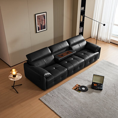 122.05'' Genuine Leather Sofa With Drop-Down Cup Holder Console, Modern 3-Seater Modular Couch with Adjustable Headrests, Black