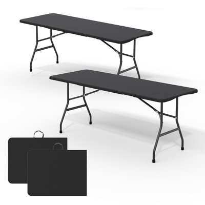2-Pack 6FT Portable Folding Table, HDPE Plastic Outdoor Table with Carry Handle, White Foldable Table for Camping, Parties, Picnic & Events, Black