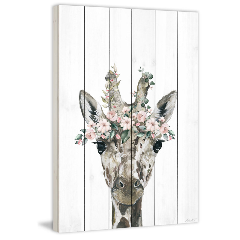 «Floral Crowned Giraffe», reproduction d'art sur bois blanc, H 45 po x l 30 po x P 1,5 po
