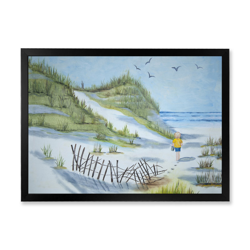 L'enfant qui marche sur la plage - Peinture sur toile, H 16 po x l 32 po x p 1 po, Cadre noir