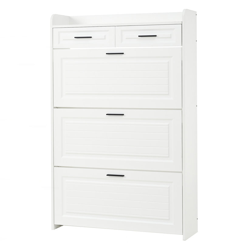 Spacious Two-Drawer Three-Fold Door Shoe Cabinet With Large Storage, Living Room Cabinet, White