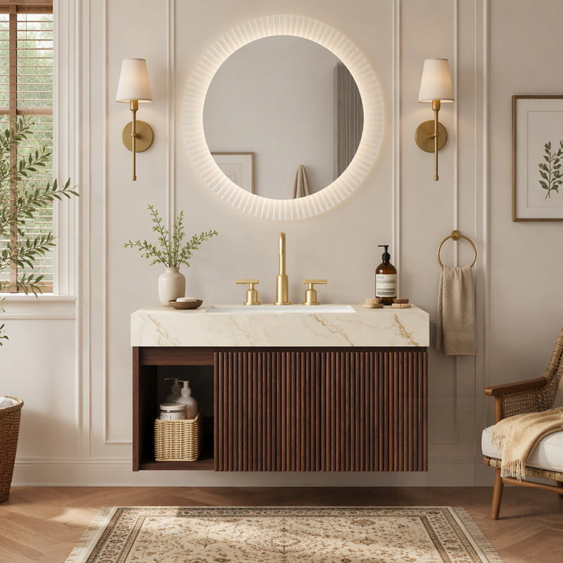 Meuble-lavabo avec lavabo, armoire de rangement suspendue, comptoir en pierre frittée veinée, lavabo en céramique, 3 trous pré-percés pour robinetterie