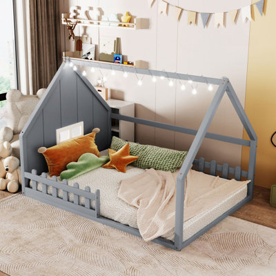 Full Size Wood House Bed with Window and Fence