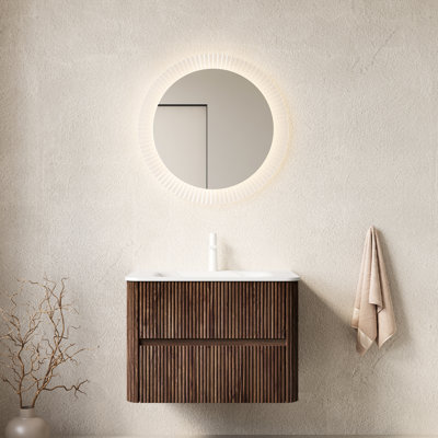 Meuble-lavabo de 76 cm avec lavabo suspendu en contreplaqué, 2 tiroirs, lavabo blanc, style scandinave rétro en noyer, allure moderne.