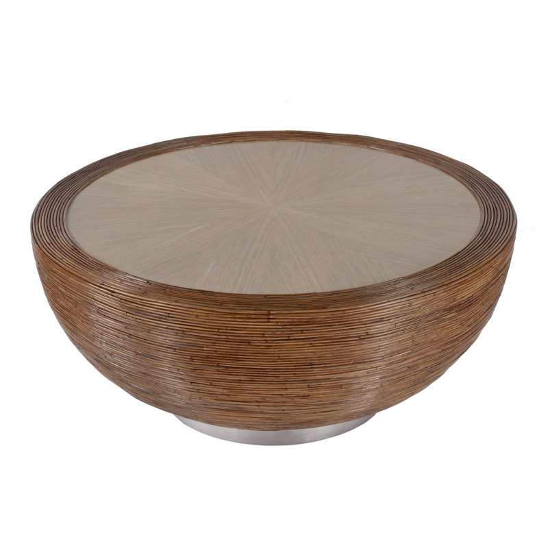 Brown Round Wood Coffee Table with Storage and Rattan Wrap