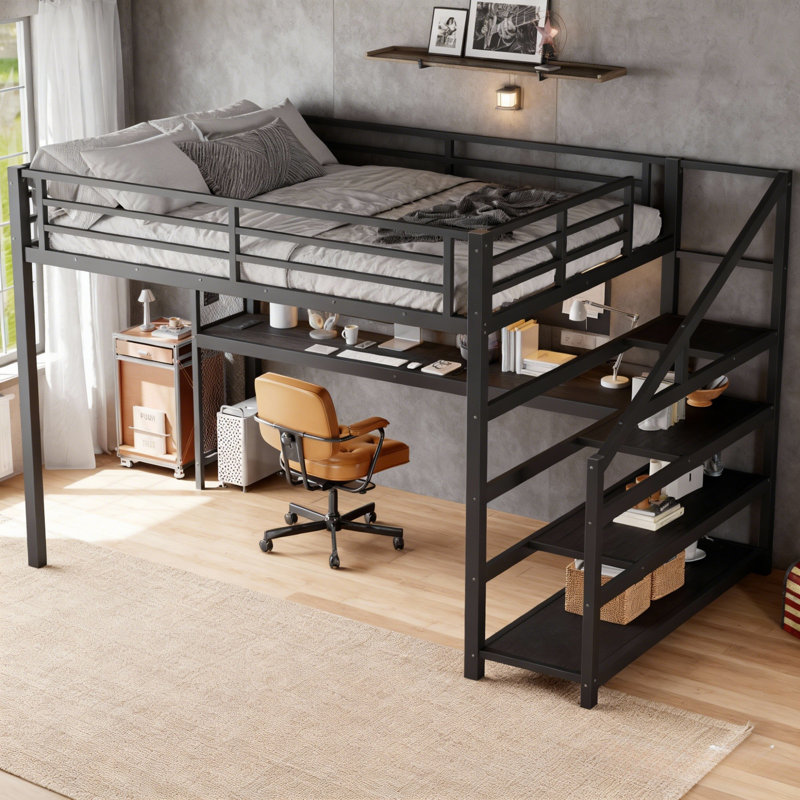 Queen Size Metal Loft Bed With Desk & Storage Stairs, Led Lights & Usb Ports, Noise-free Multifunctional Loft Bed, Black, No Box Spring Needed